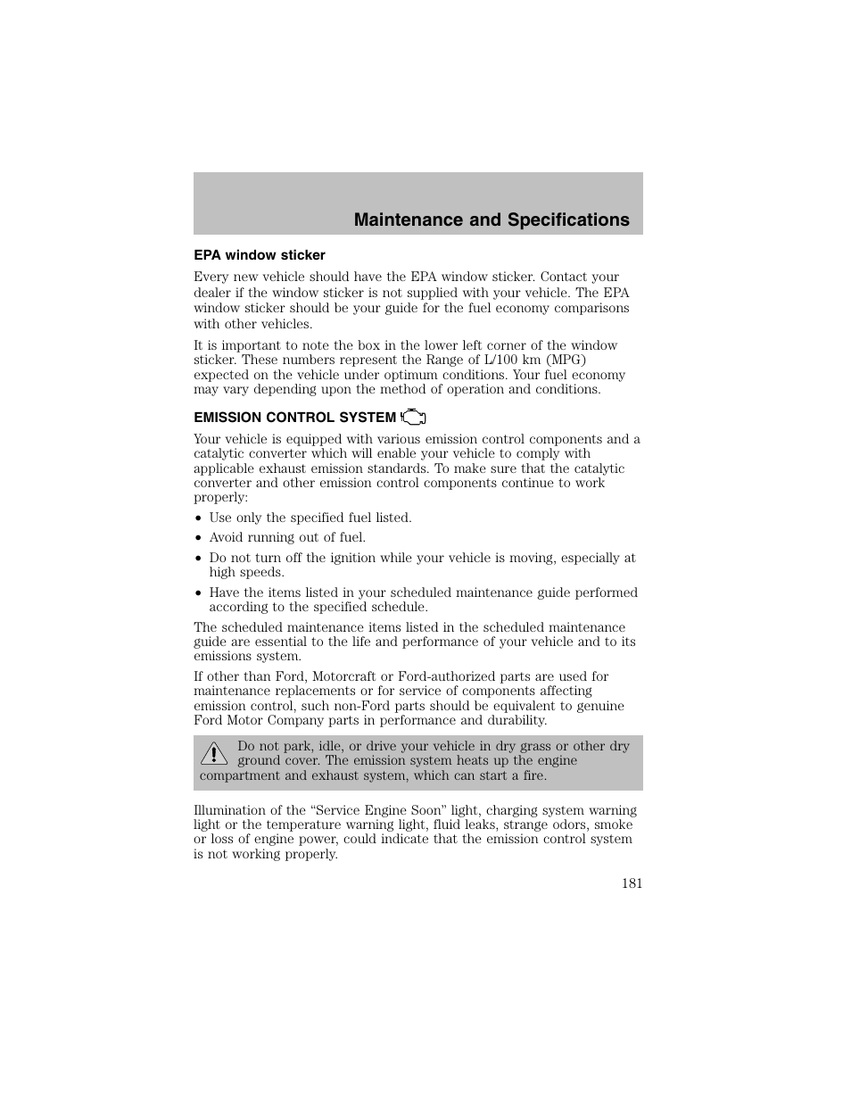 Maintenance and specifications | FORD 2002 Escort User Manual | Page 181 / 208