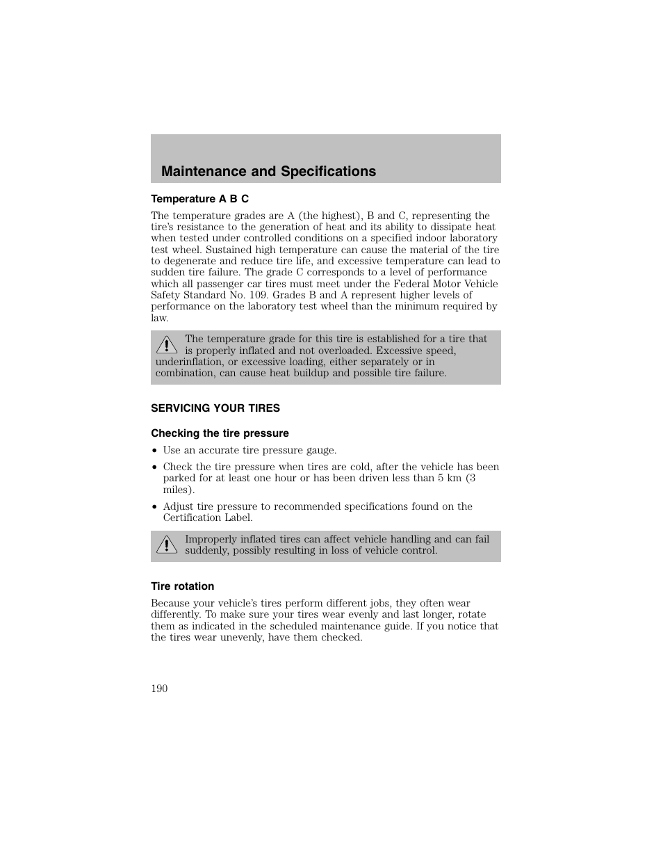 Maintenance and specifications | FORD 2002 Escort User Manual | Page 190 / 208