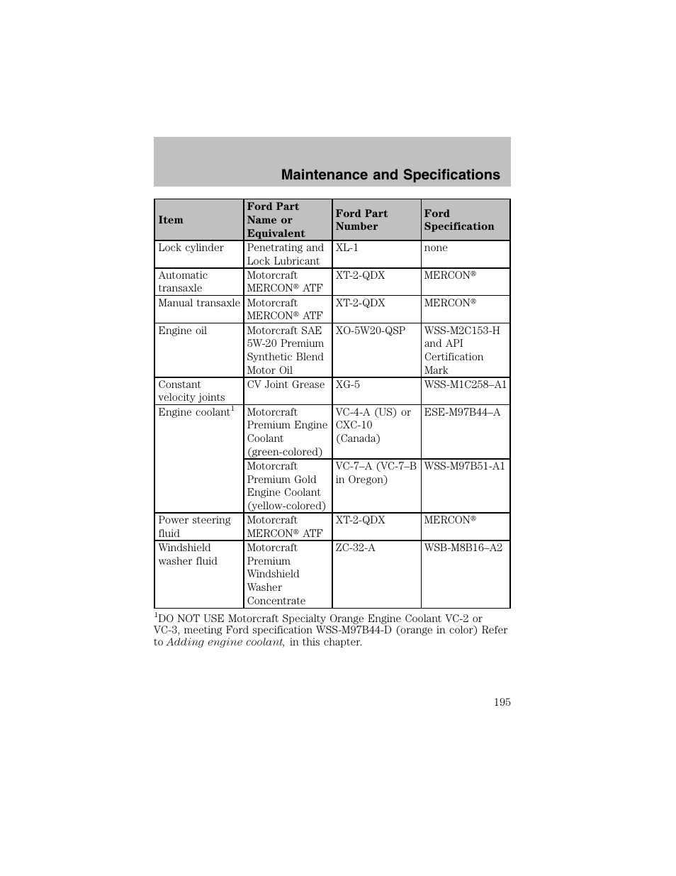 Maintenance and specifications | FORD 2002 Escort User Manual | Page 195 / 208