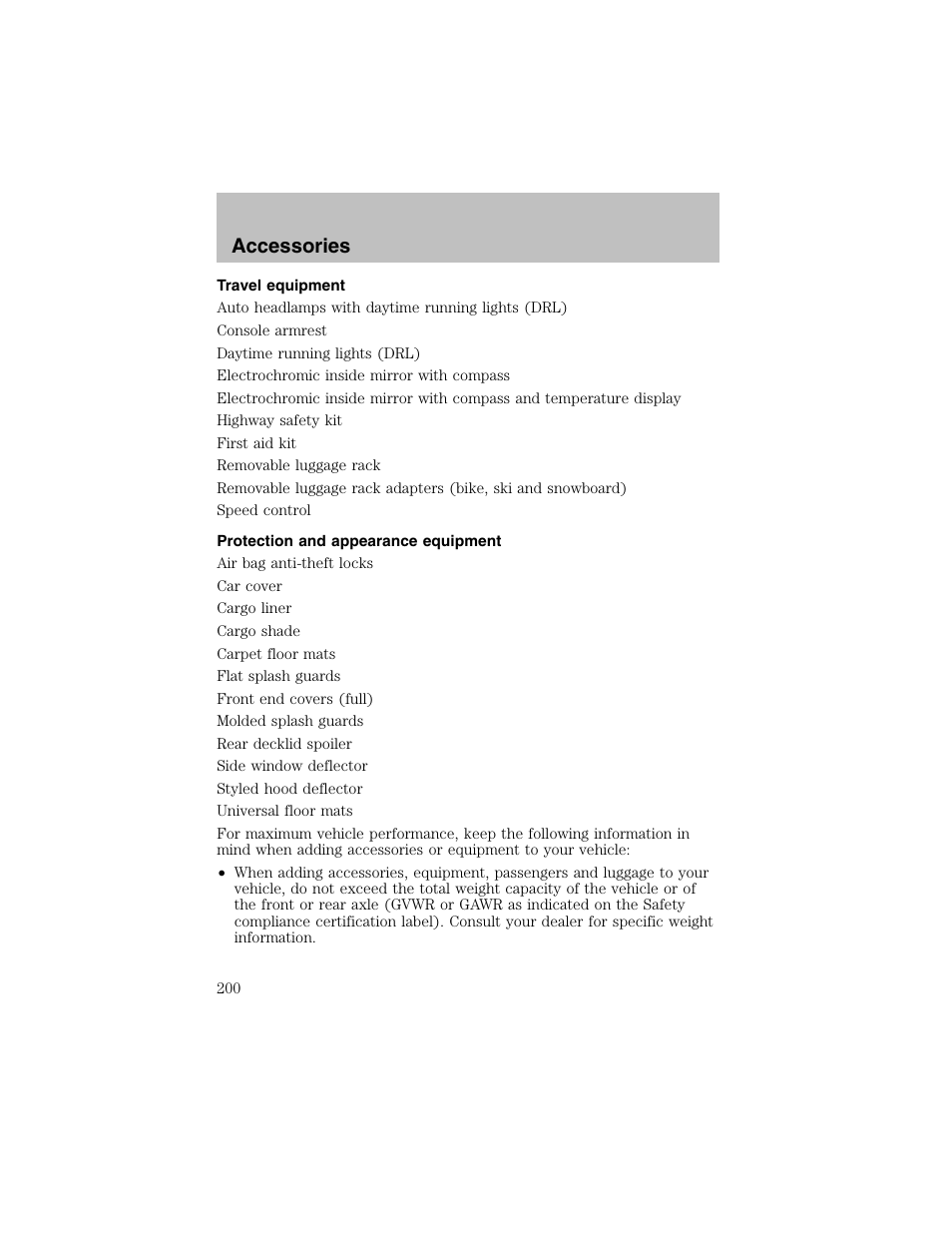 Accessories | FORD 2002 Escort User Manual | Page 200 / 208