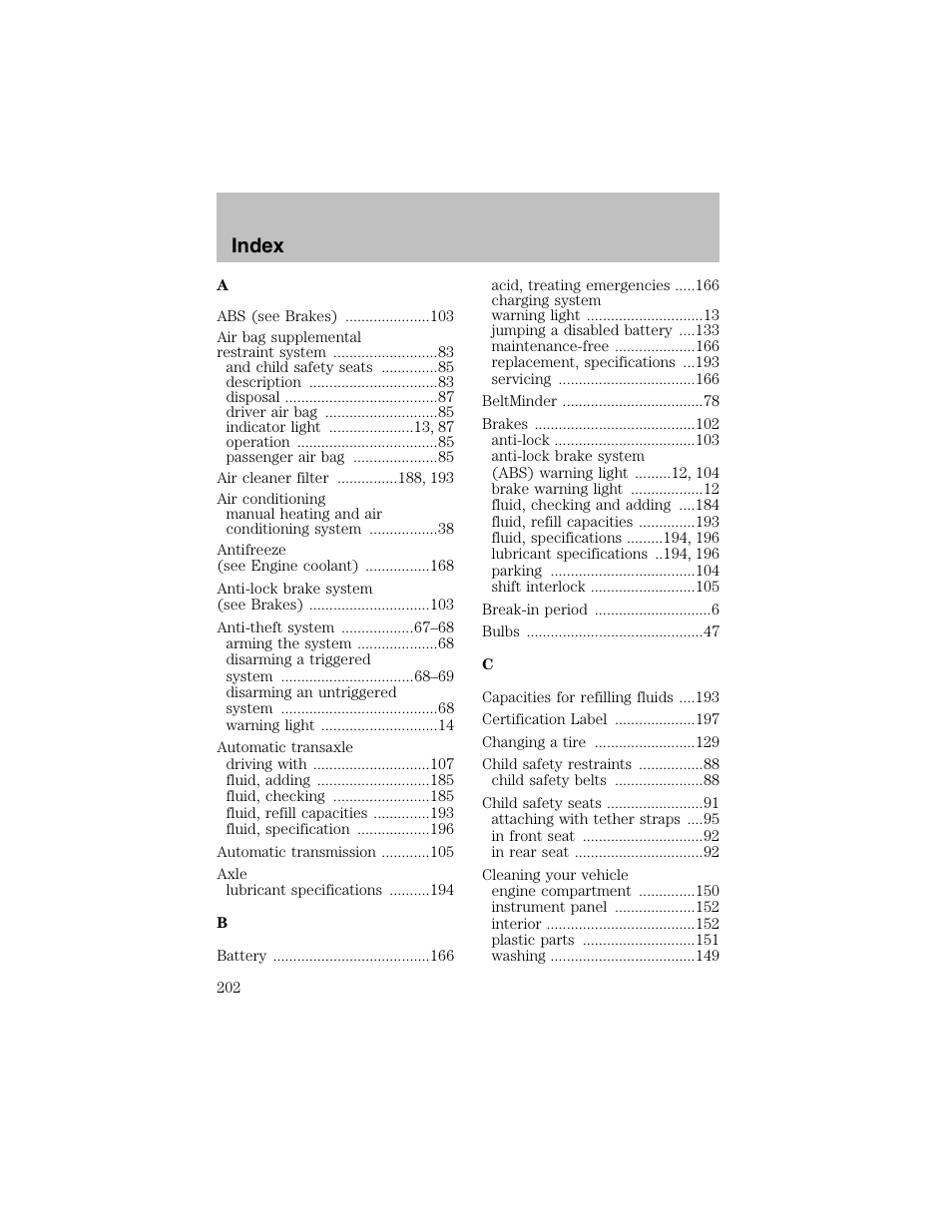 Index | FORD 2002 Escort User Manual | Page 202 / 208