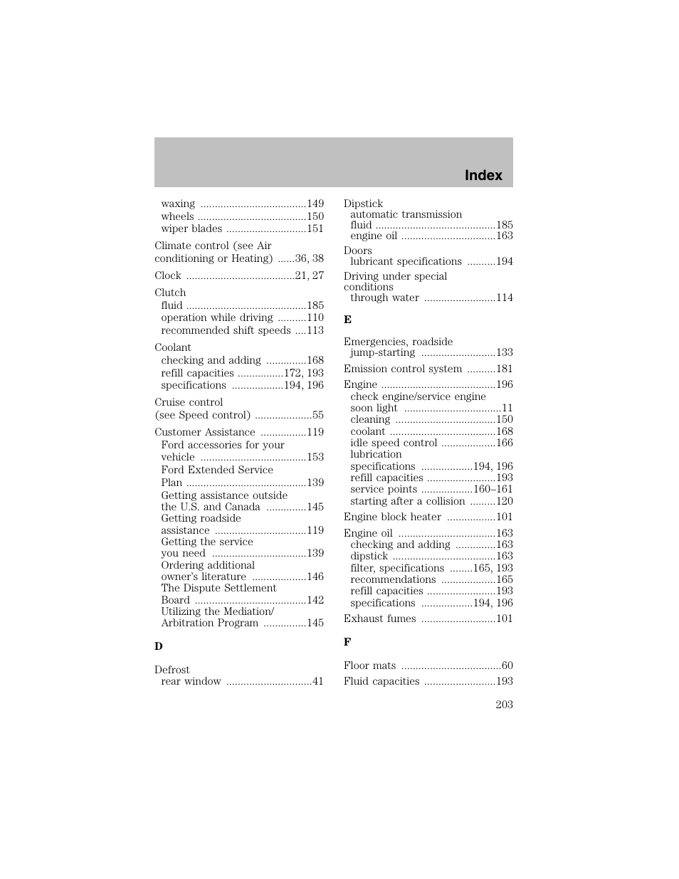 Index | FORD 2002 Escort User Manual | Page 203 / 208