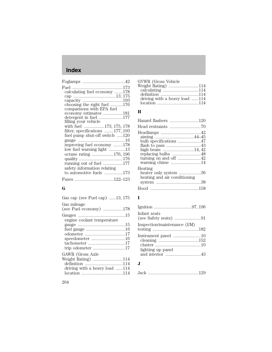 Index | FORD 2002 Escort User Manual | Page 204 / 208