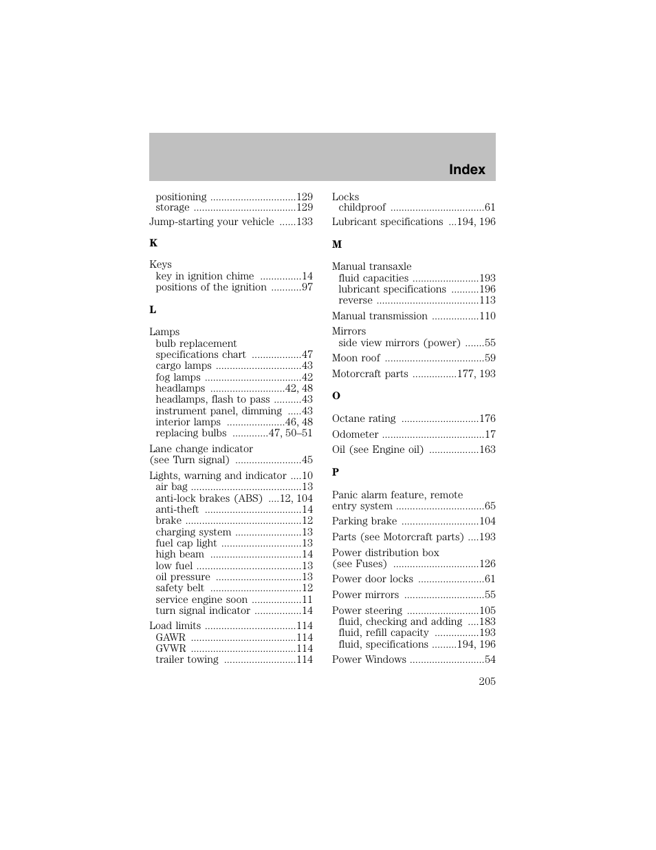 Index | FORD 2002 Escort User Manual | Page 205 / 208