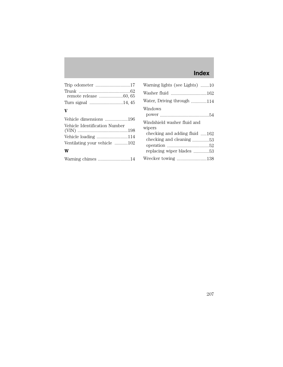 Index | FORD 2002 Escort User Manual | Page 207 / 208