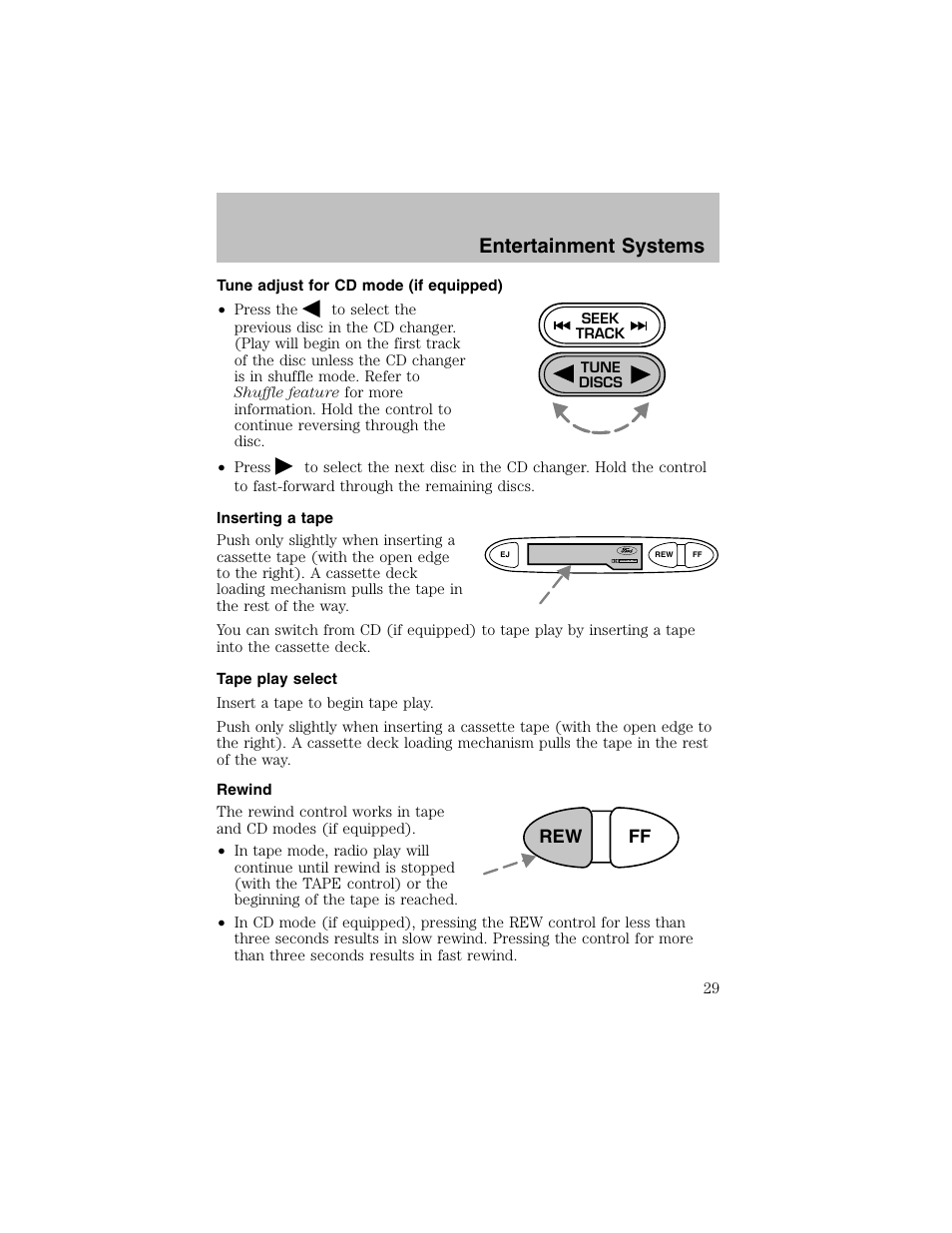 Entertainment systems, Rew ff | FORD 2002 Escort User Manual | Page 29 / 208