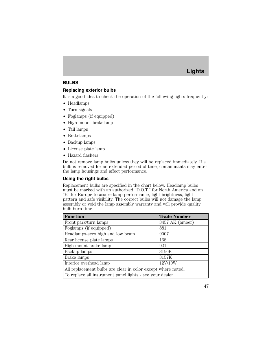 Lights | FORD 2002 Escort User Manual | Page 47 / 208