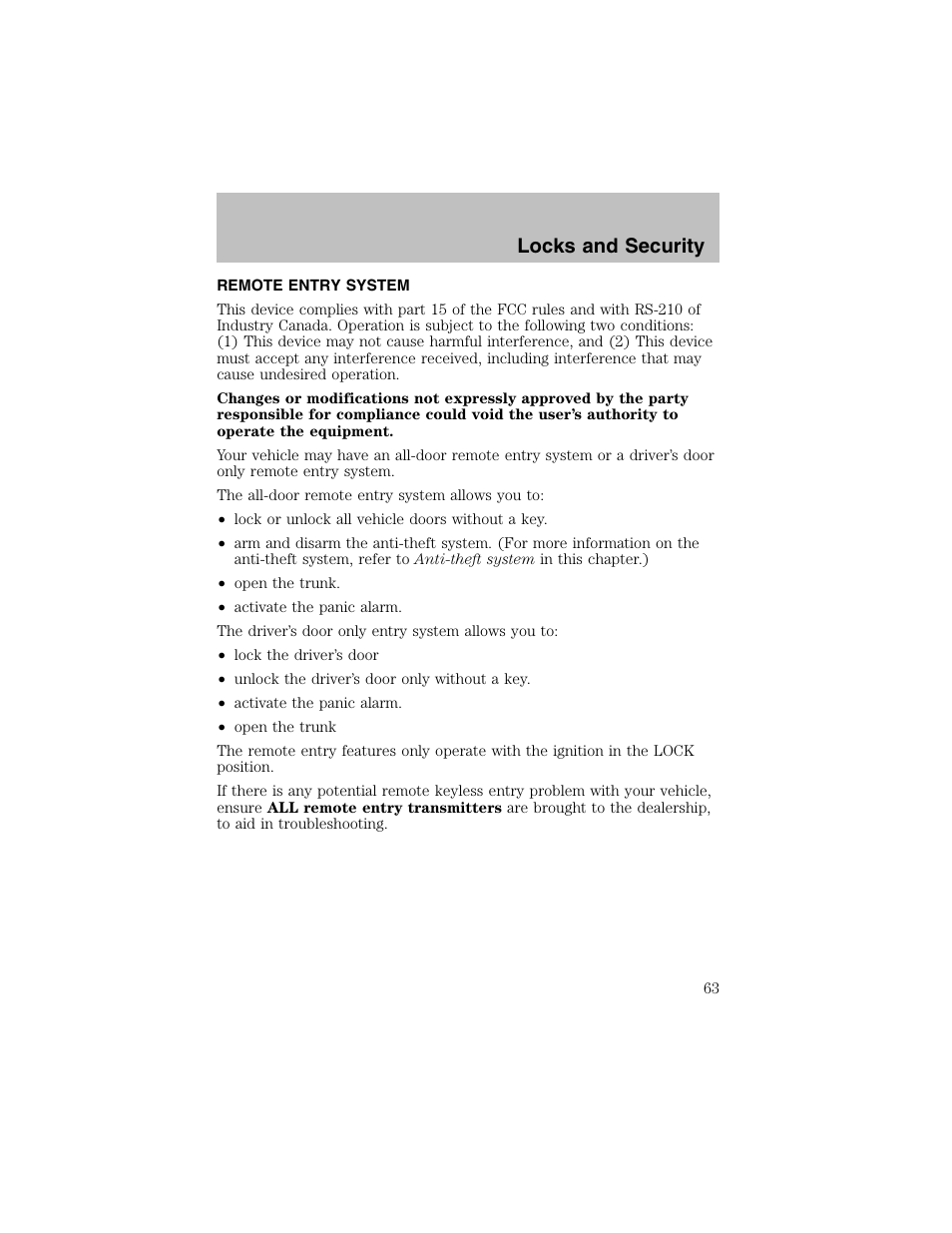 Locks and security | FORD 2002 Escort User Manual | Page 63 / 208