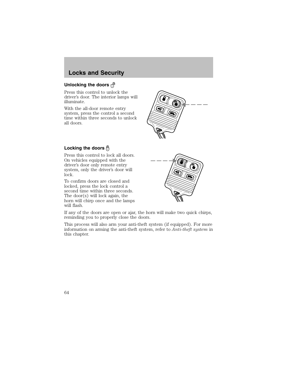 Locks and security | FORD 2002 Escort User Manual | Page 64 / 208