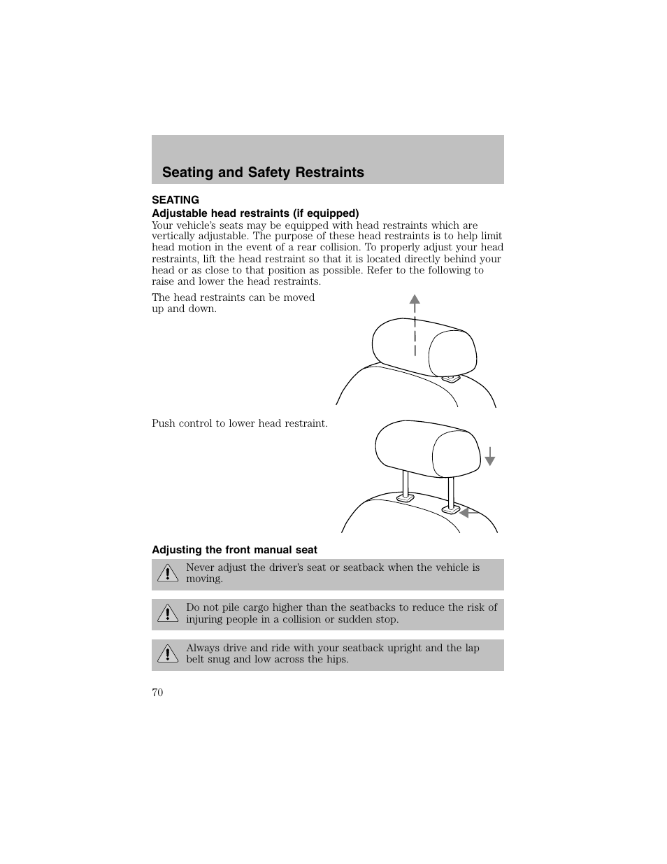 Seating and safety restraints | FORD 2002 Escort User Manual | Page 70 / 208