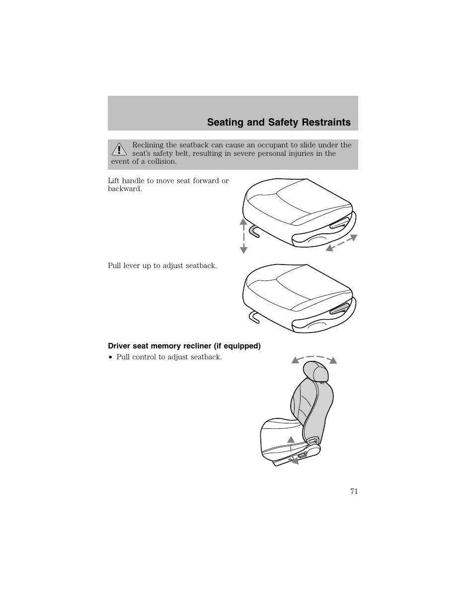 Seating and safety restraints | FORD 2002 Escort User Manual | Page 71 / 208