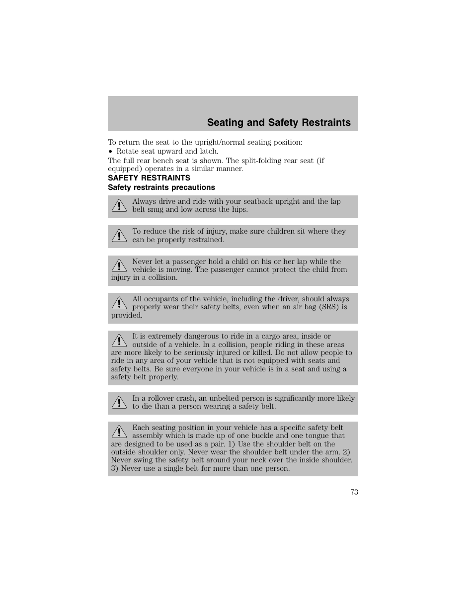 Seating and safety restraints | FORD 2002 Escort User Manual | Page 73 / 208