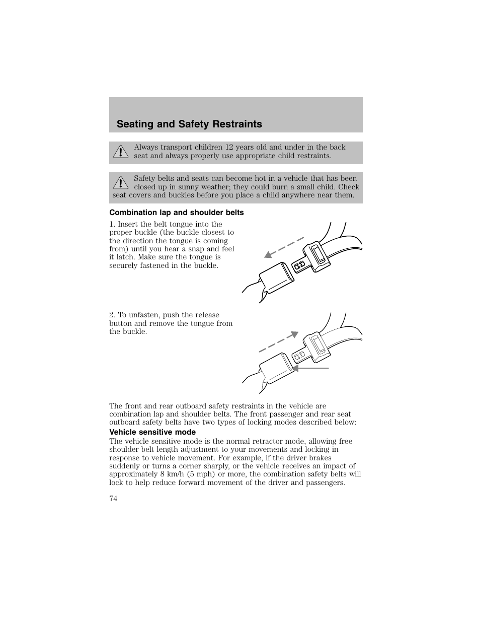 Seating and safety restraints | FORD 2002 Escort User Manual | Page 74 / 208