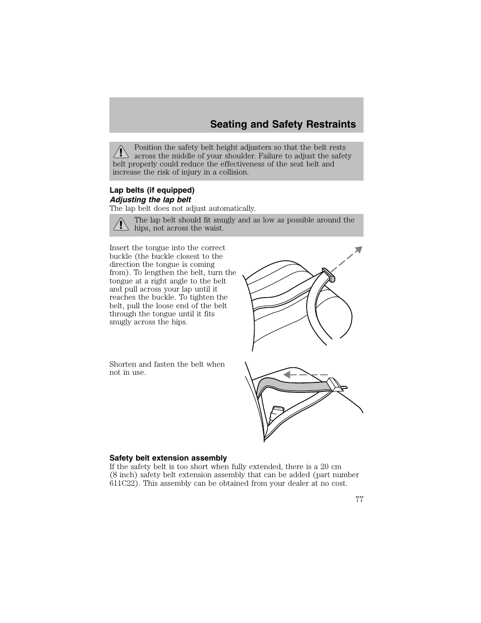 Seating and safety restraints | FORD 2002 Escort User Manual | Page 77 / 208