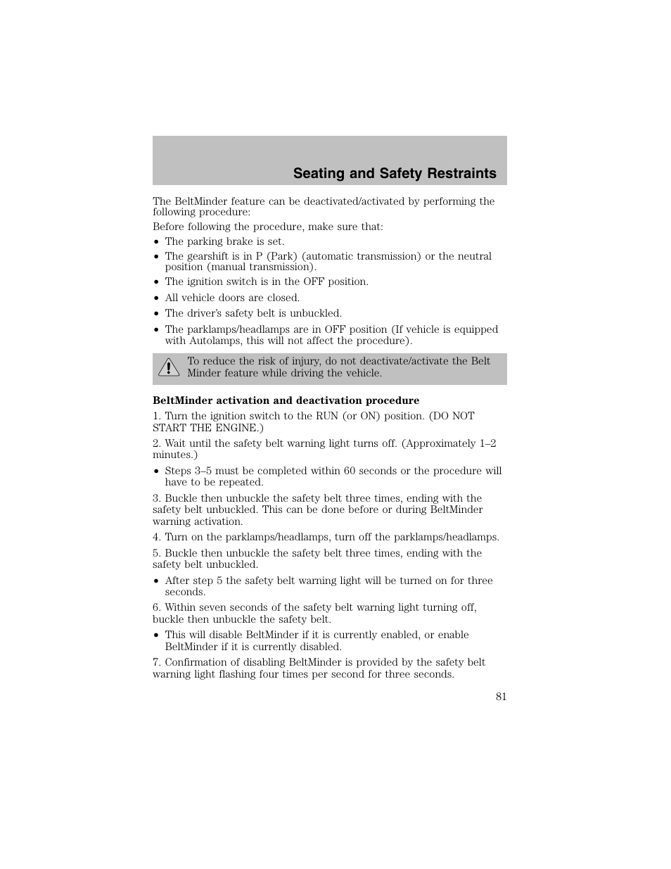 Seating and safety restraints | FORD 2002 Escort User Manual | Page 81 / 208