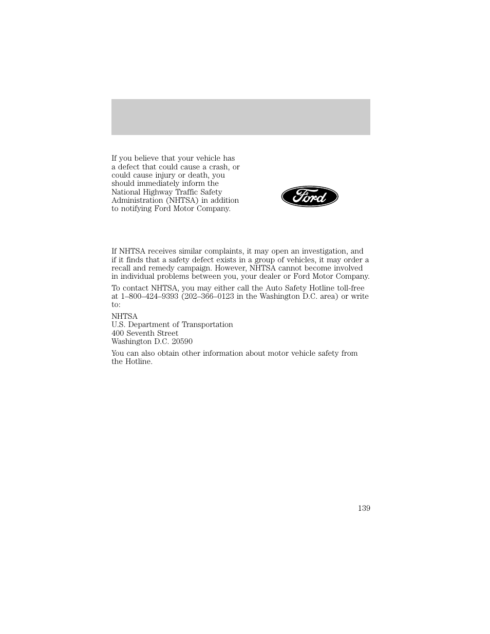 Reporting safety defects | FORD 1998 E-150 User Manual | Page 139 / 144