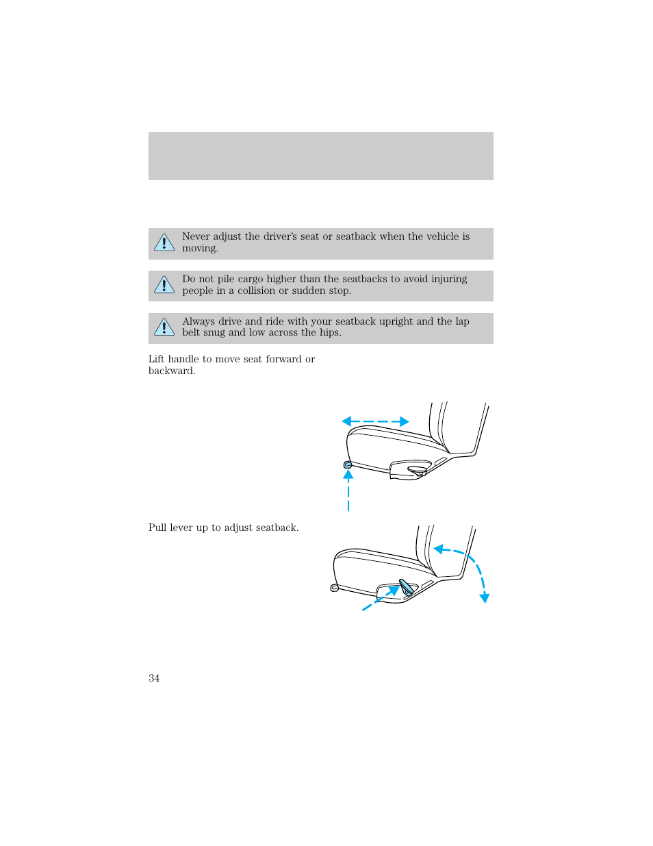 Seating restraints, Seating and safety restraints | FORD 1998 E-150 User Manual | Page 34 / 144