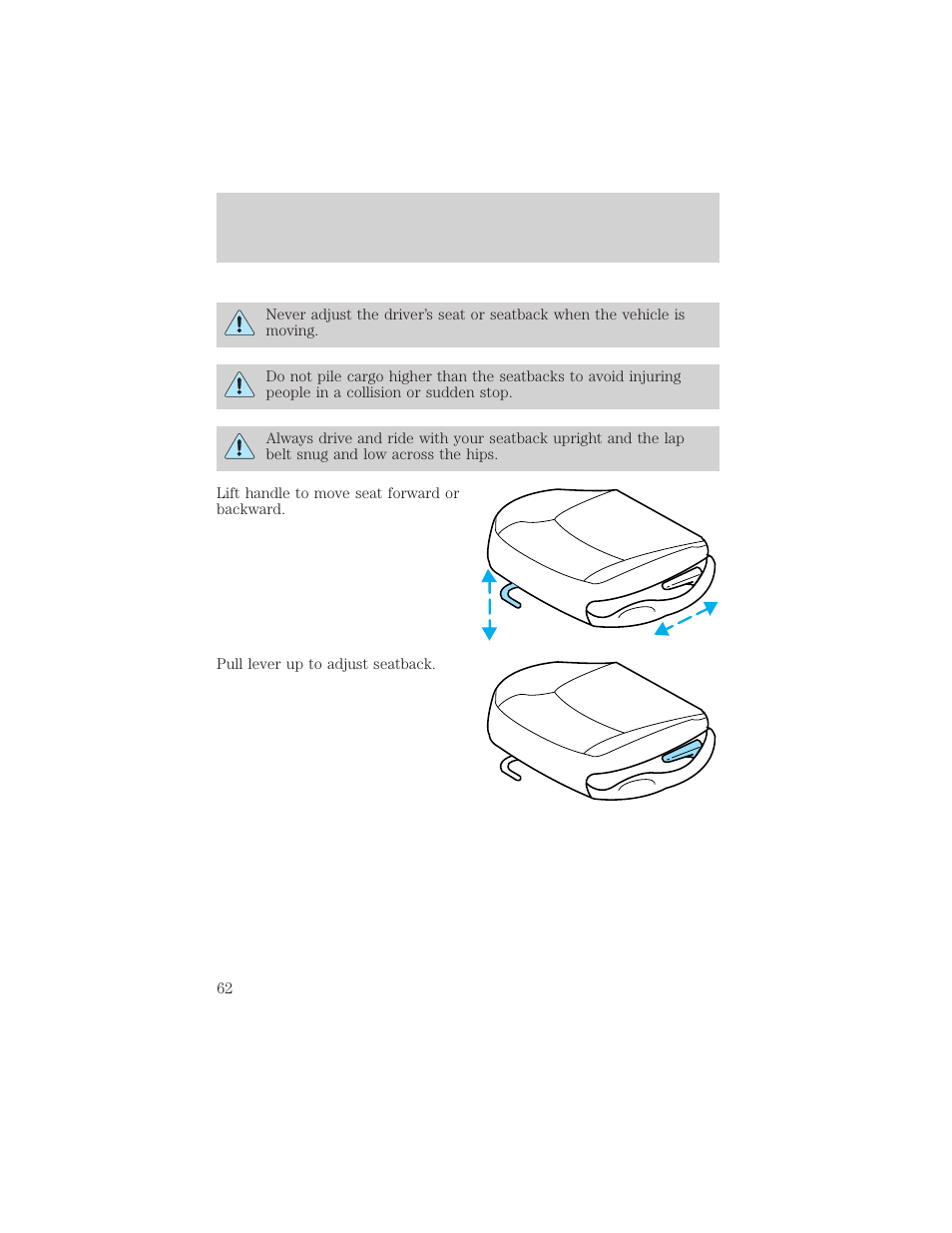 Seating and safety restraints | FORD 1999 Escort User Manual | Page 62 / 200