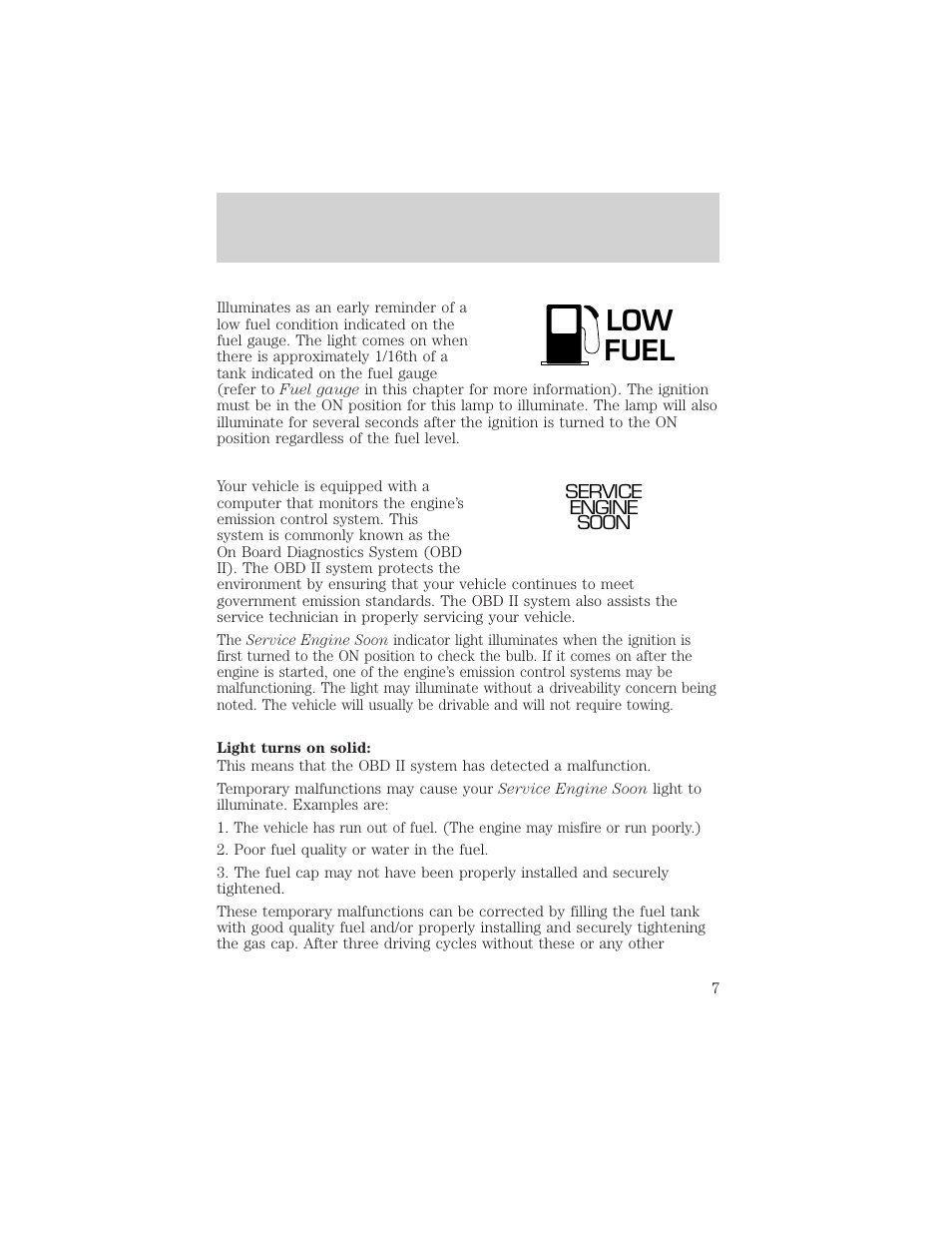 Low fuel | FORD 1999 Escort User Manual | Page 7 / 200