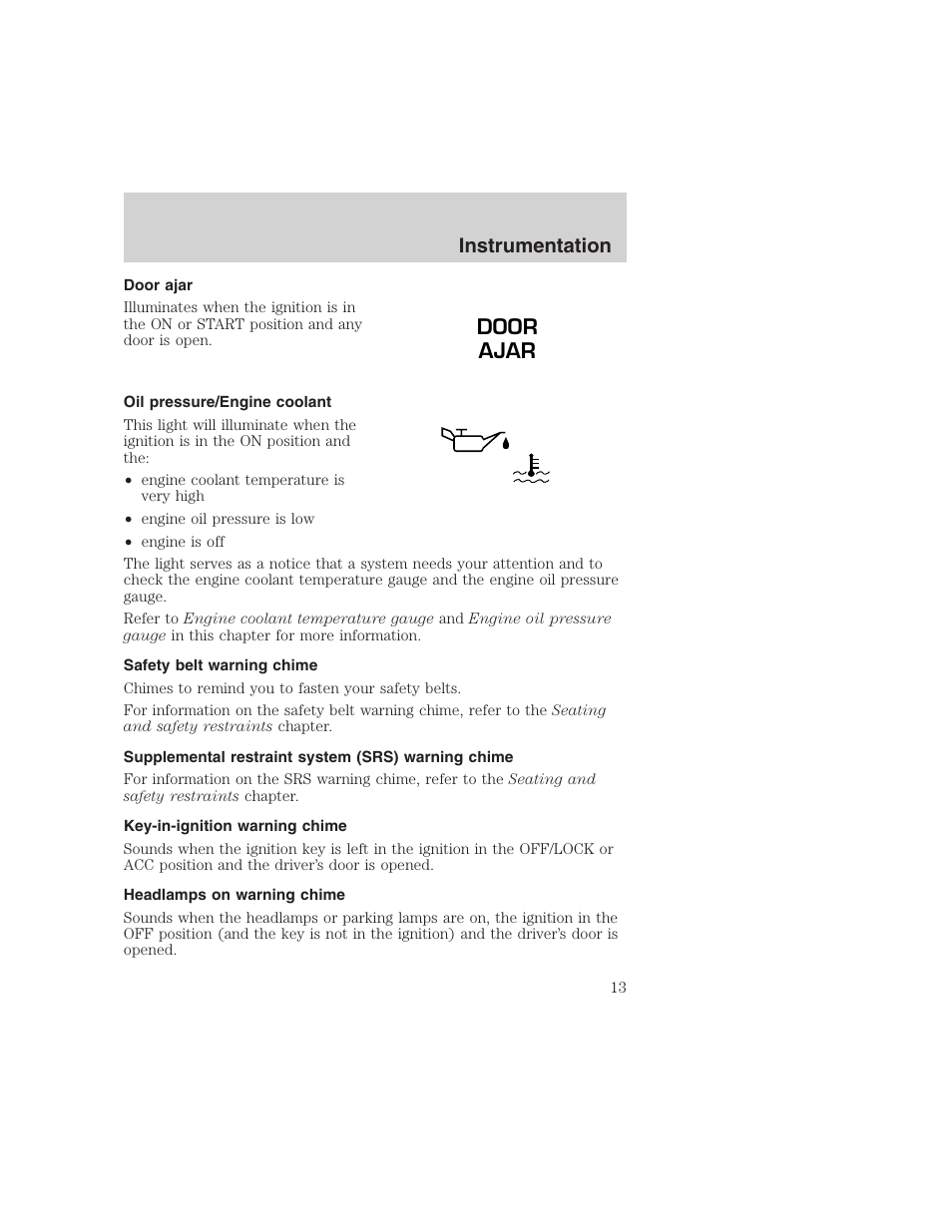 Door ajar, Instrumentation | FORD 1999 F-350 User Manual | Page 13 / 248