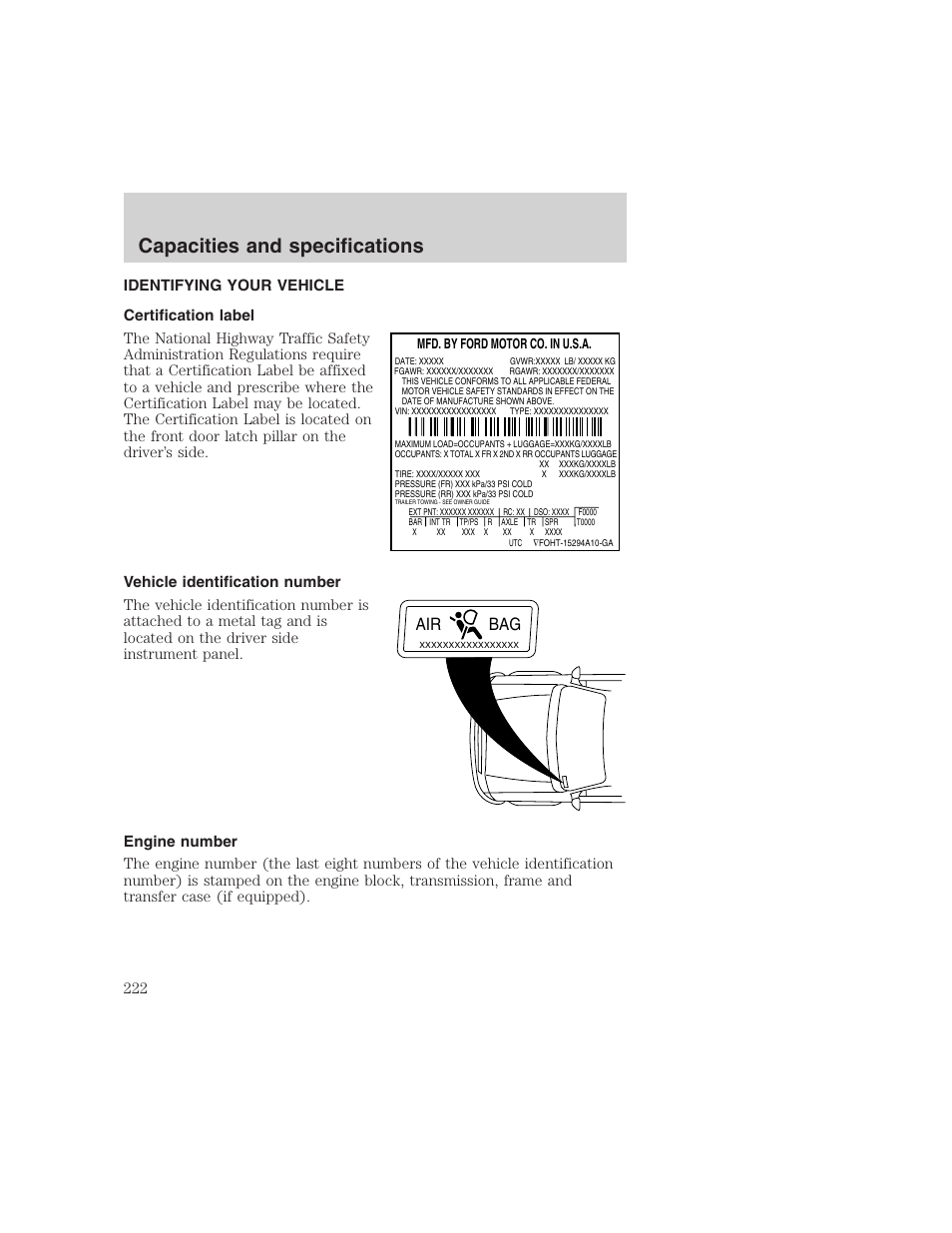 Capacities and specifications, Air bag | FORD 1999 F-350 User Manual | Page 222 / 248