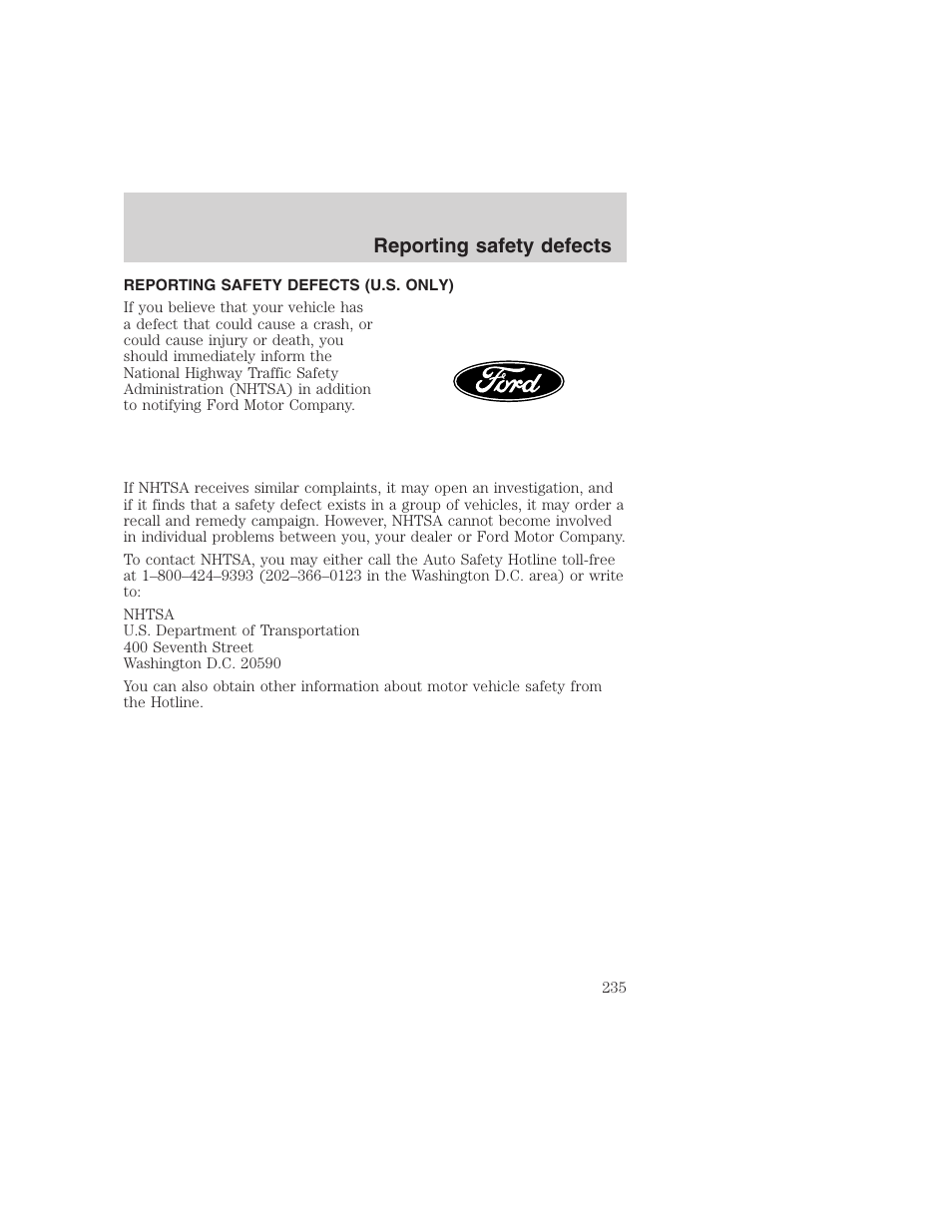 Reporting safety defects | FORD 1999 F-350 User Manual | Page 235 / 248