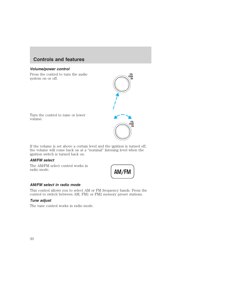 Am/fm, Controls and features | FORD 1999 F-350 User Manual | Page 30 / 248