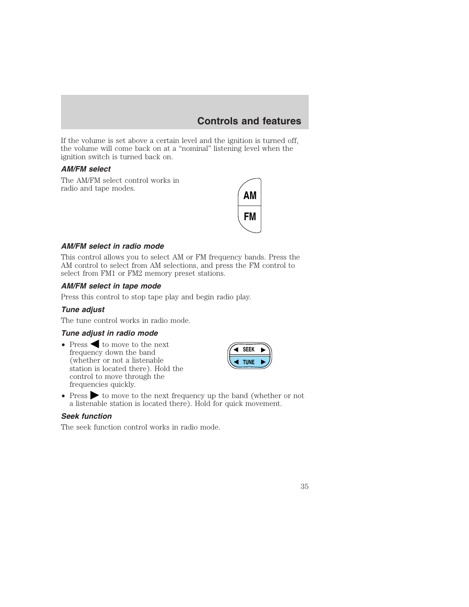 Am fm, Controls and features | FORD 1999 F-350 User Manual | Page 35 / 248