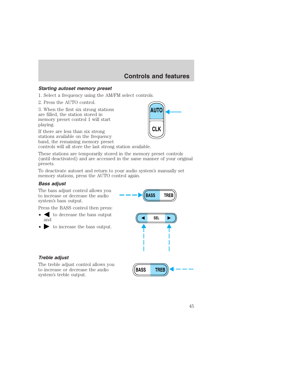 Auto clk, Controls and features | FORD 1999 F-350 User Manual | Page 45 / 248