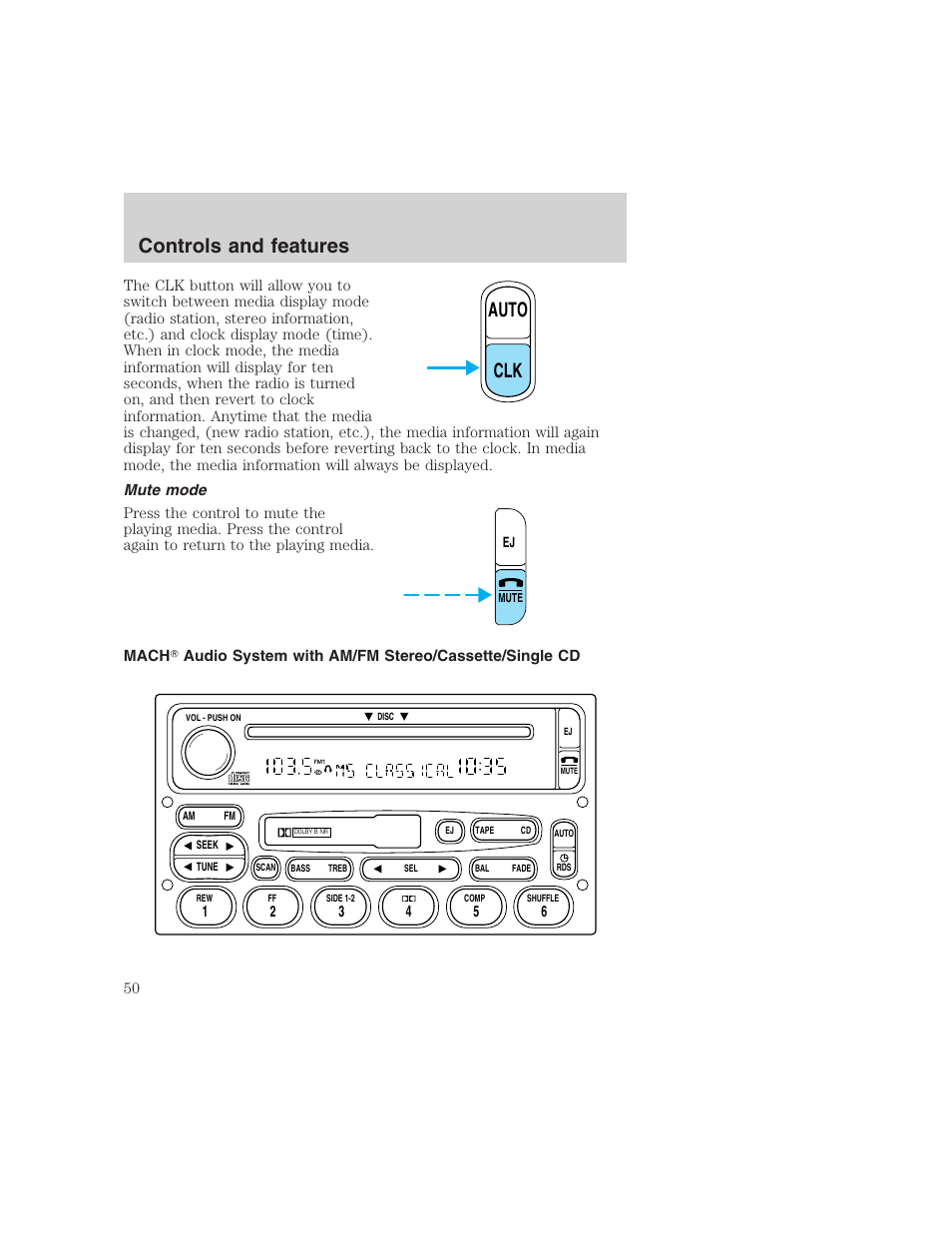 Auto clk, Controls and features | FORD 1999 F-350 User Manual | Page 50 / 248