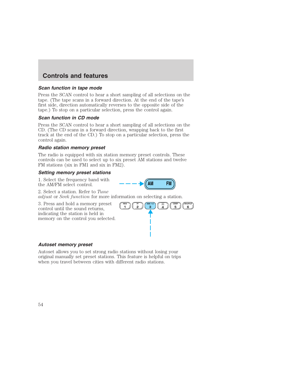 Controls and features, Am fm | FORD 1999 F-350 User Manual | Page 54 / 248