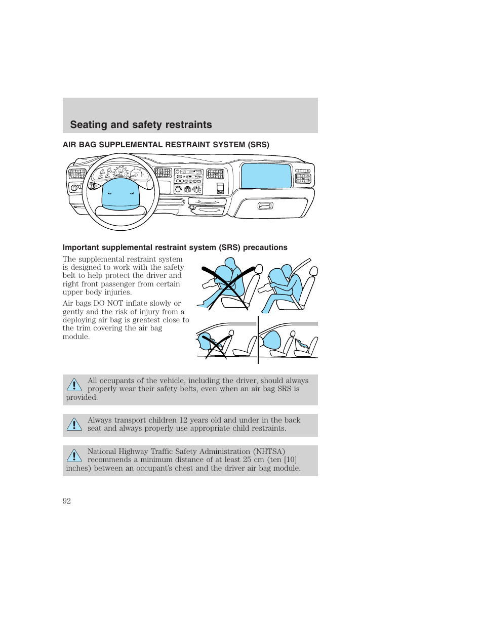 Seating and safety restraints, Dolby b nr, A/c max a/c off | Panel dim | FORD 1999 F-350 User Manual | Page 92 / 248