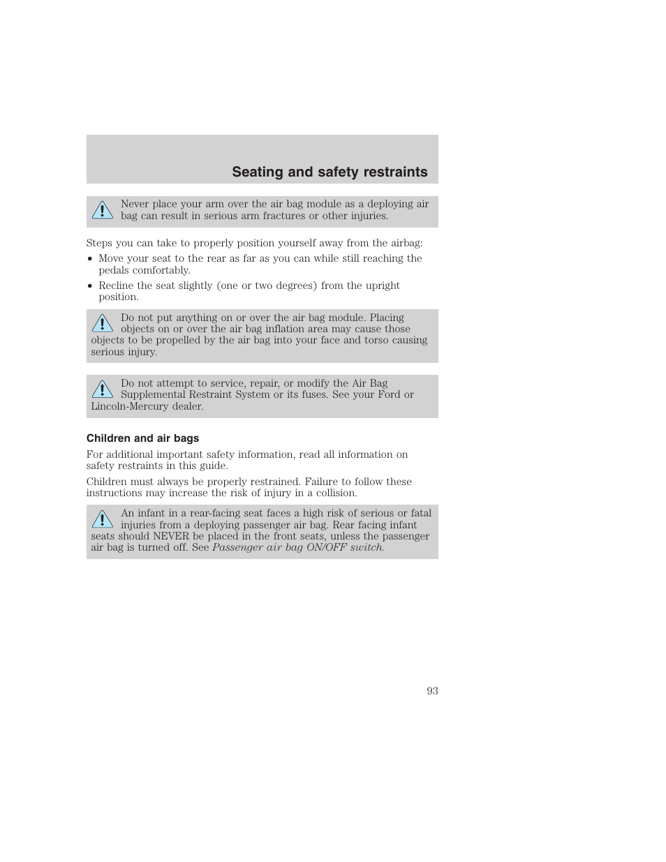 Seating and safety restraints | FORD 1999 F-350 User Manual | Page 93 / 248