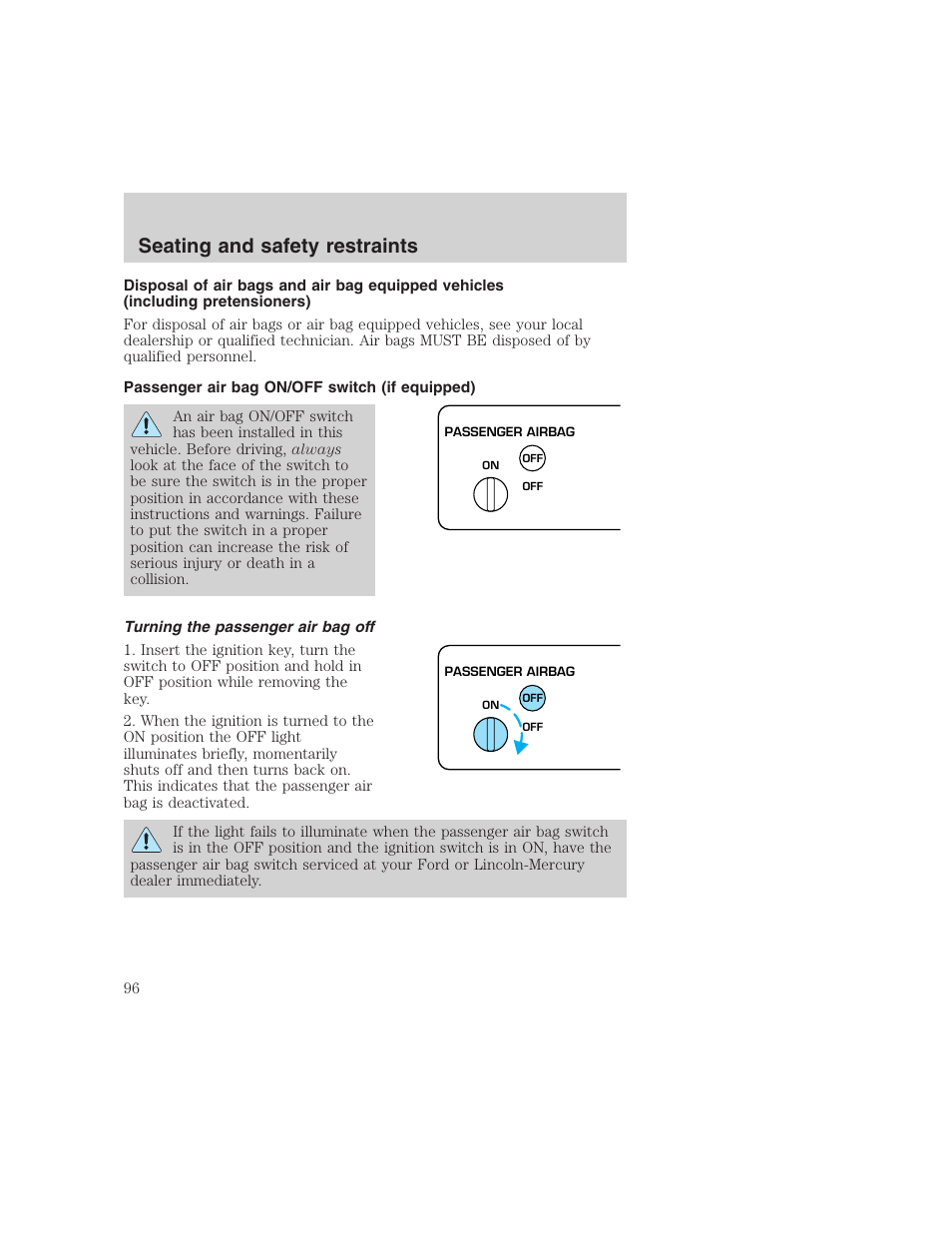 Seating and safety restraints | FORD 1999 F-350 User Manual | Page 96 / 248