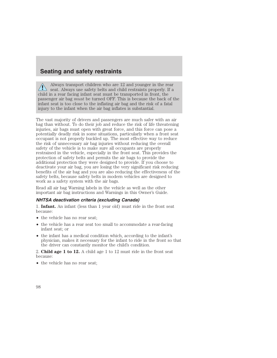 Seating and safety restraints | FORD 1999 F-350 User Manual | Page 98 / 248