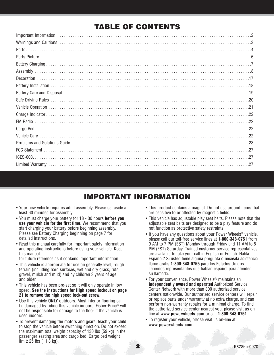 Important information table of contents | FORD MONSTER TRACTION K8285 User Manual | Page 2 / 28