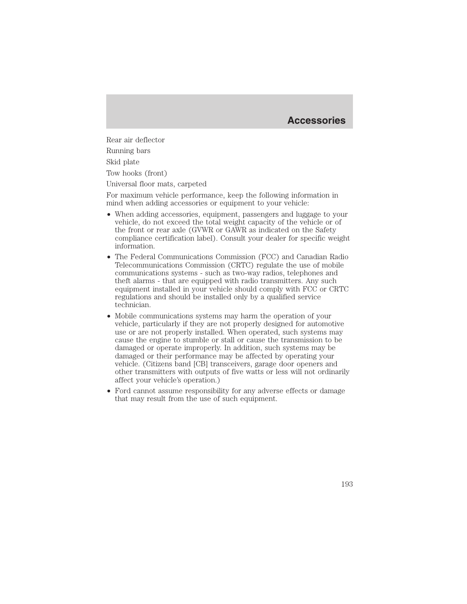 Accessories | FORD 2002 Explorer Sport Trac User Manual | Page 193 / 200