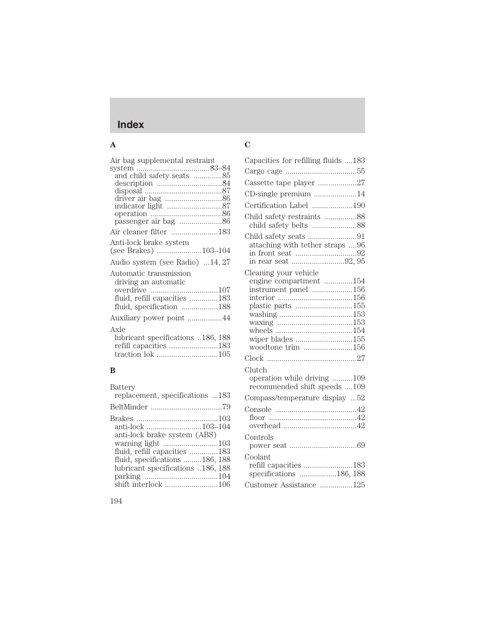 Index | FORD 2002 Explorer Sport Trac User Manual | Page 194 / 200