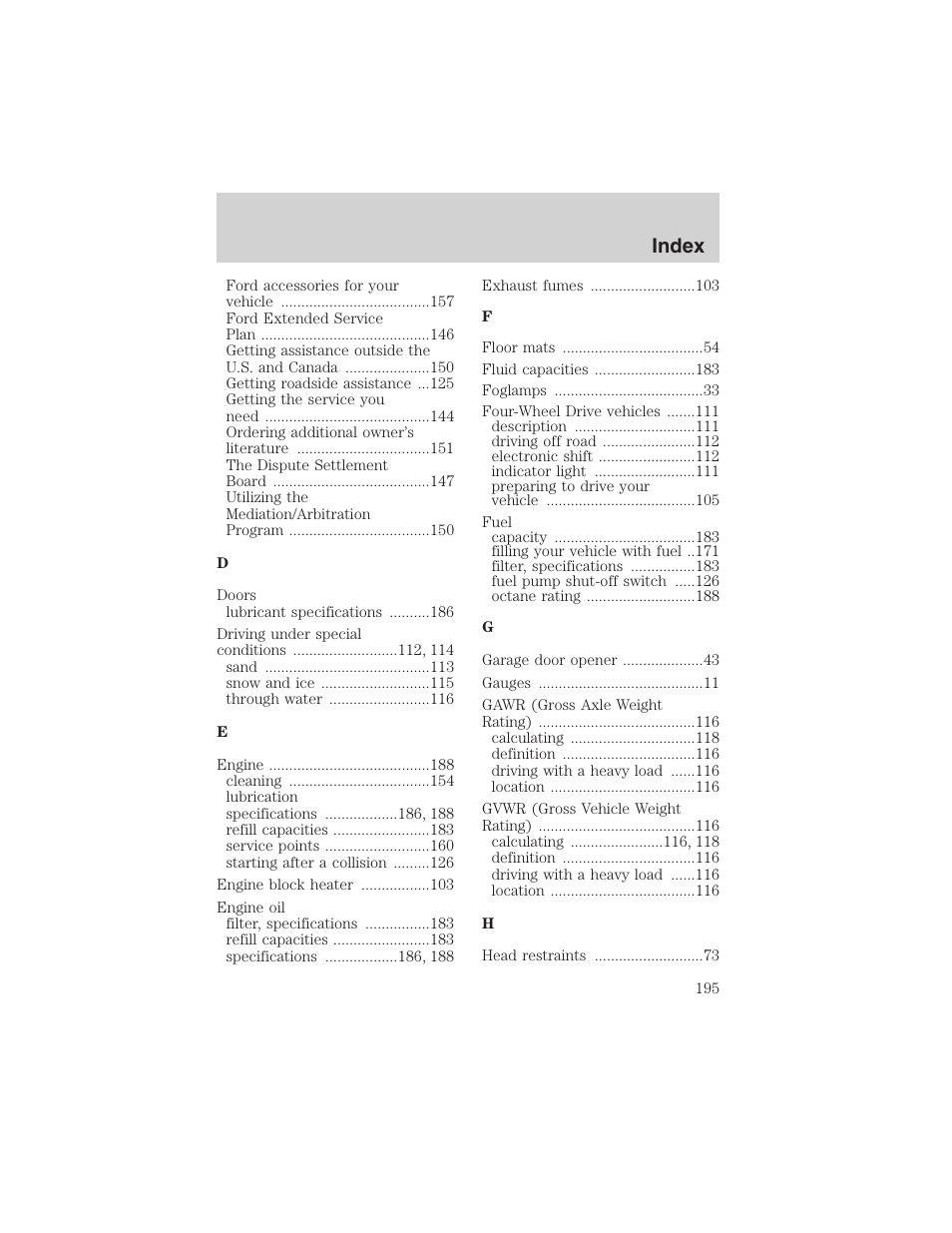 Index | FORD 2002 Explorer Sport Trac User Manual | Page 195 / 200