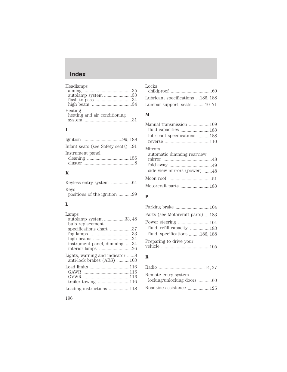Index | FORD 2002 Explorer Sport Trac User Manual | Page 196 / 200