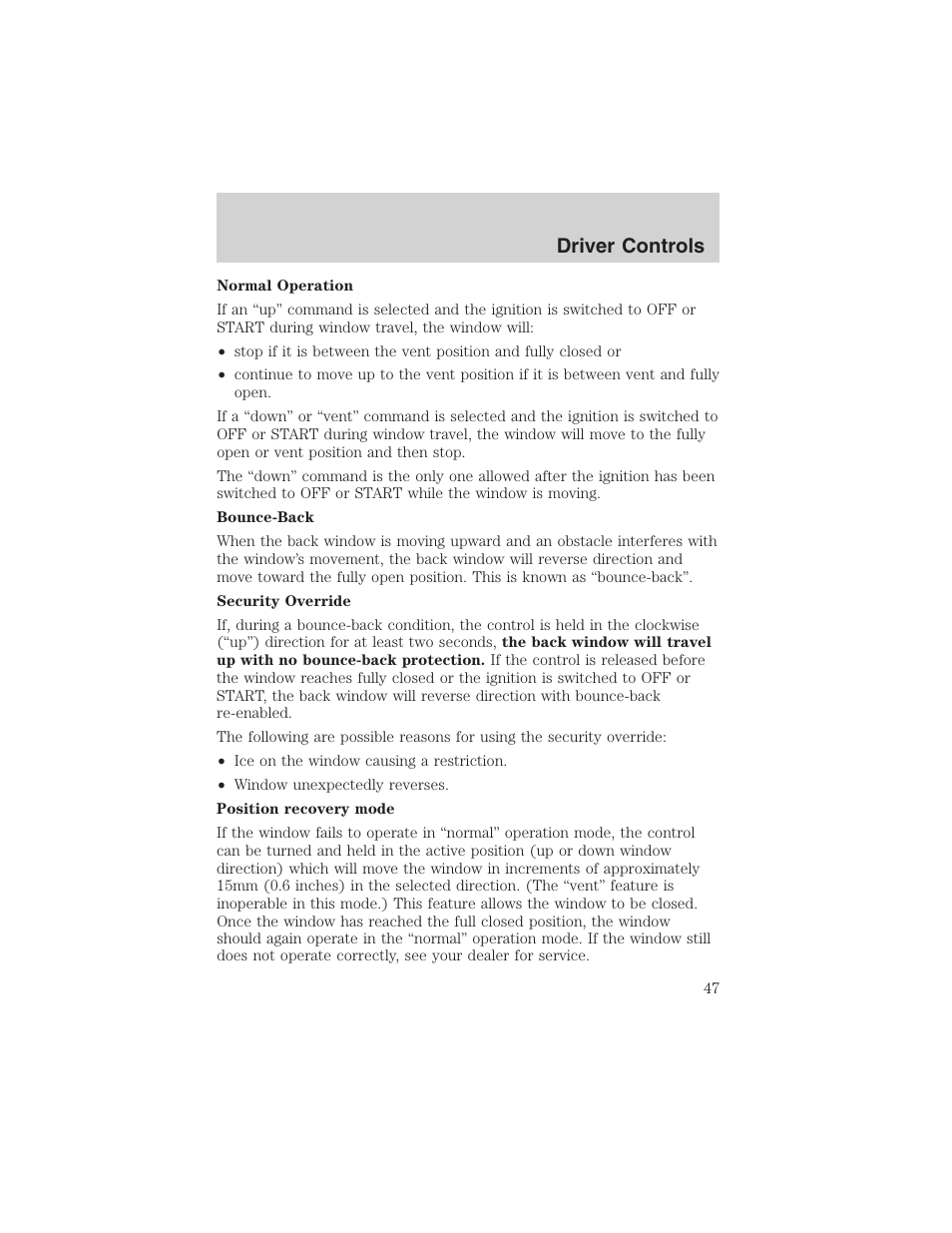 Driver controls | FORD 2002 Explorer Sport Trac User Manual | Page 47 / 200