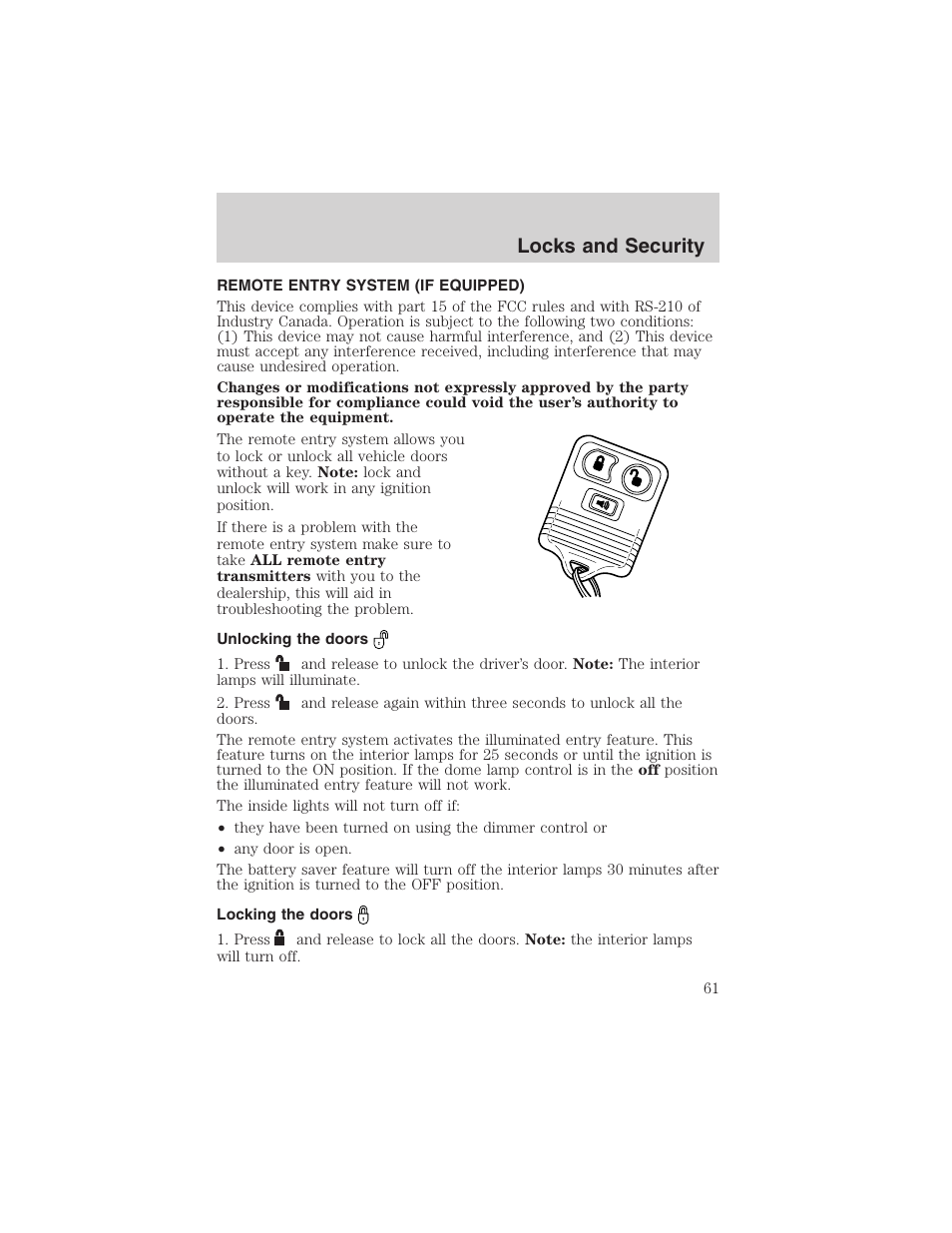 Locks and security | FORD 2002 Explorer Sport Trac User Manual | Page 61 / 200