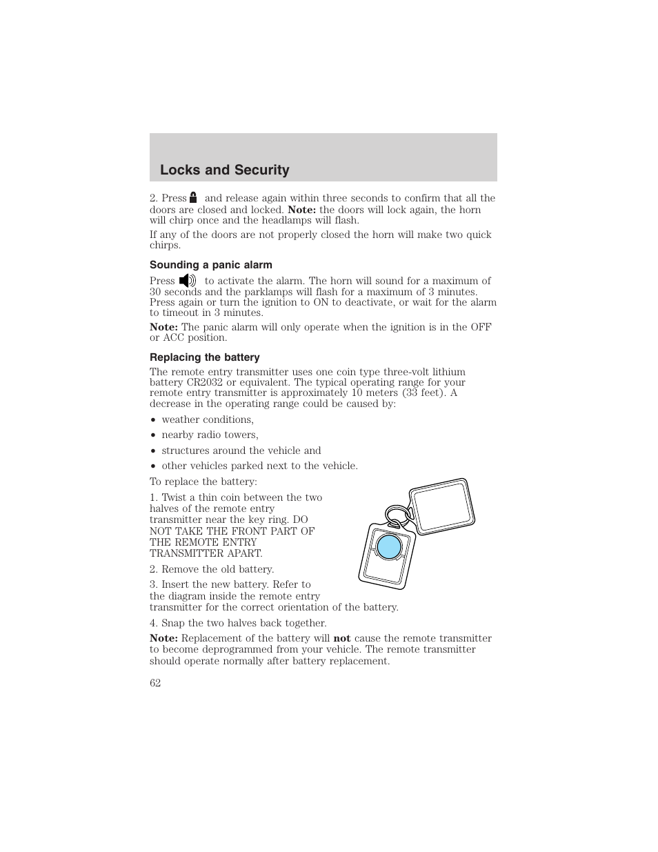 Locks and security | FORD 2002 Explorer Sport Trac User Manual | Page 62 / 200