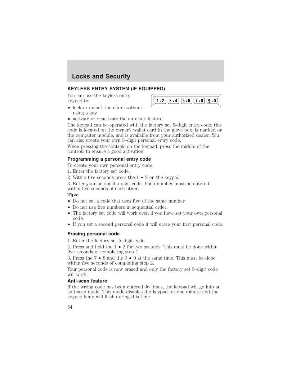 Locks and security | FORD 2002 Explorer Sport Trac User Manual | Page 64 / 200