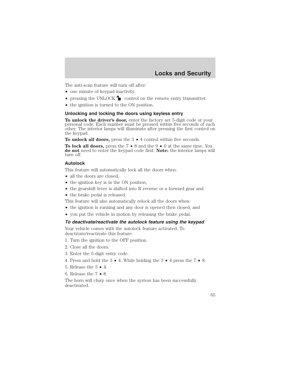 Locks and security | FORD 2002 Explorer Sport Trac User Manual | Page 65 / 200