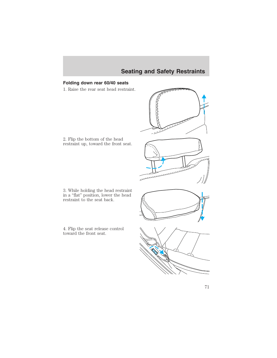 Seating and safety restraints | FORD 2002 Explorer Sport Trac User Manual | Page 71 / 200