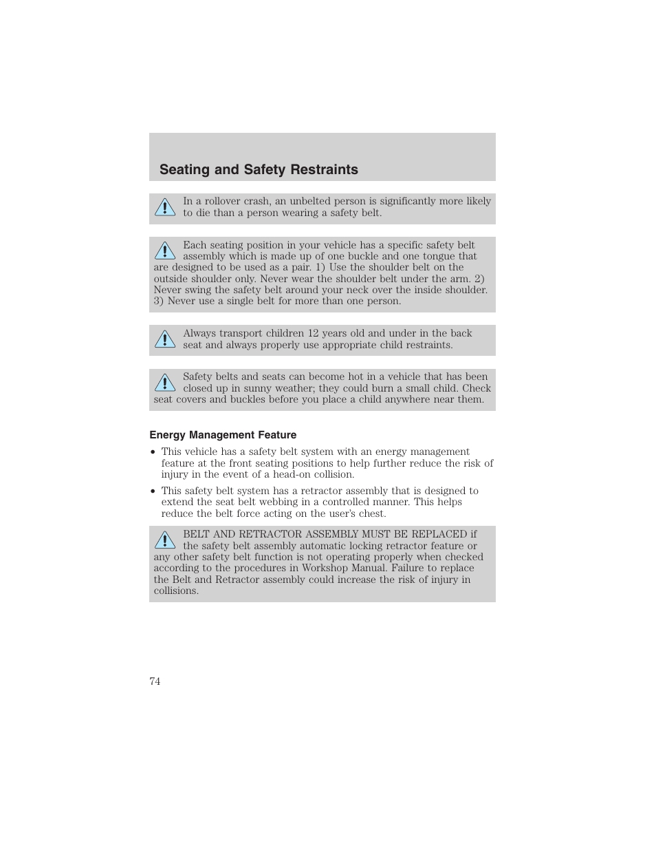 Seating and safety restraints | FORD 2002 Explorer Sport Trac User Manual | Page 74 / 200