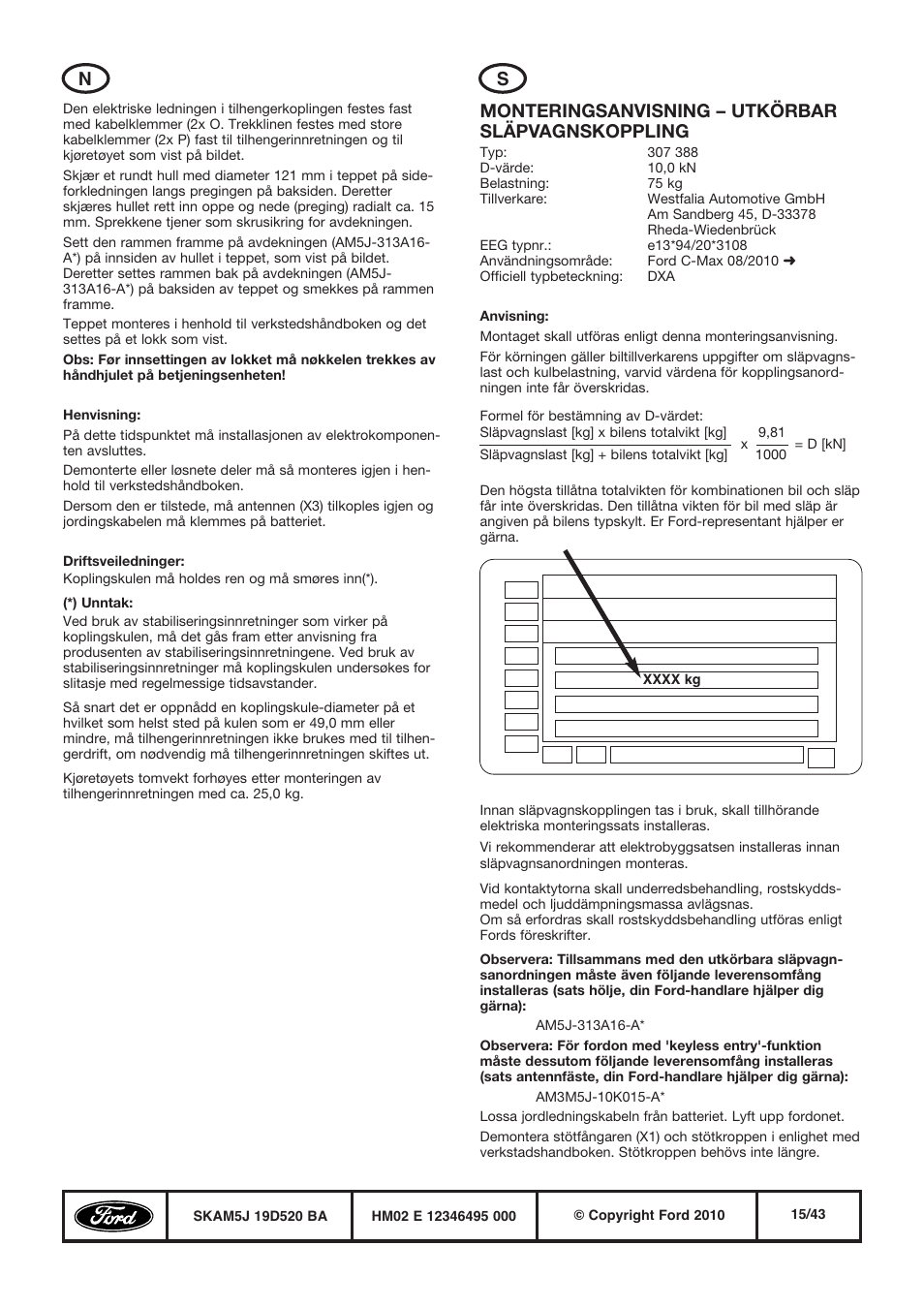 Monteringsanvisning – utkörbar släpvagnskoppling | FORD WESTFALIA 388 User Manual | Page 15 / 43