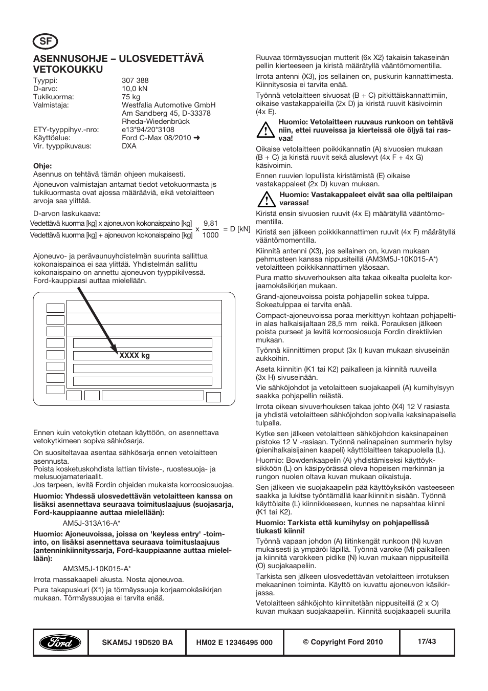 Sf asennusohje – ulosvedettävä vetokoukku | FORD WESTFALIA 388 User Manual | Page 17 / 43