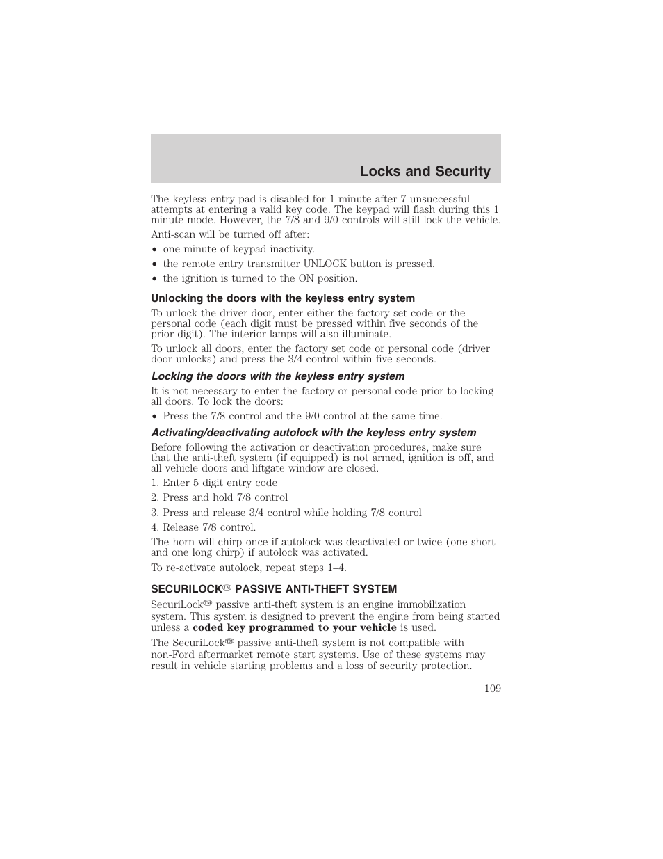 Locks and security | FORD 2002 F-150 User Manual | Page 109 / 312